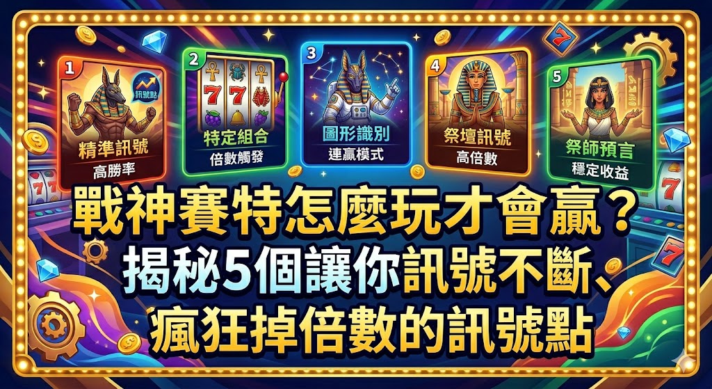 想要在戰神賽特這款熱門老虎機中脫穎而出，關鍵不在於盲目旋轉，而是精準掌握訊號點與機台規律。本文深度揭秘五大贏錢關鍵訊號，教你如何判斷進入「瘋狂掉倍數」的爆分期。從觀察聖甲蟲出現的頻率、特定的符號組合分布，到掌握系統自動觸發免費遊戲的前兆，這些訊號能幫助玩家有效分配籌碼，在低迷期收手、在訊號連續出現時果斷加碼。除了基礎的賠率圖鑑，我們更進一步剖析如何透過觀察機台的「吐分規律」來預測大獎降臨的時機，讓你的倍數加乘不再只是看運氣。只要掌握這套專業玩家流傳的實戰技巧，你也能在戰神賽特的荒漠戰場中，精準捕捉訊號，享受畫面閃爍、獎金翻倍的極致快感，大幅提升轉動後的提款機率。